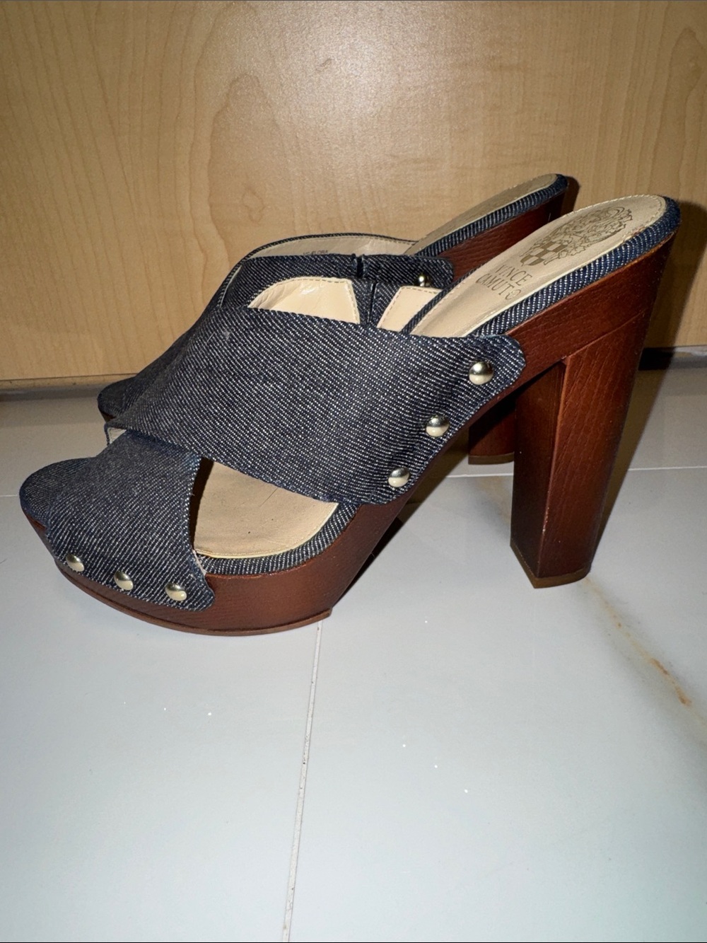 Vince Camuto Dark Blue Denim Crisscross Platform Mules - Picture 5 of 6